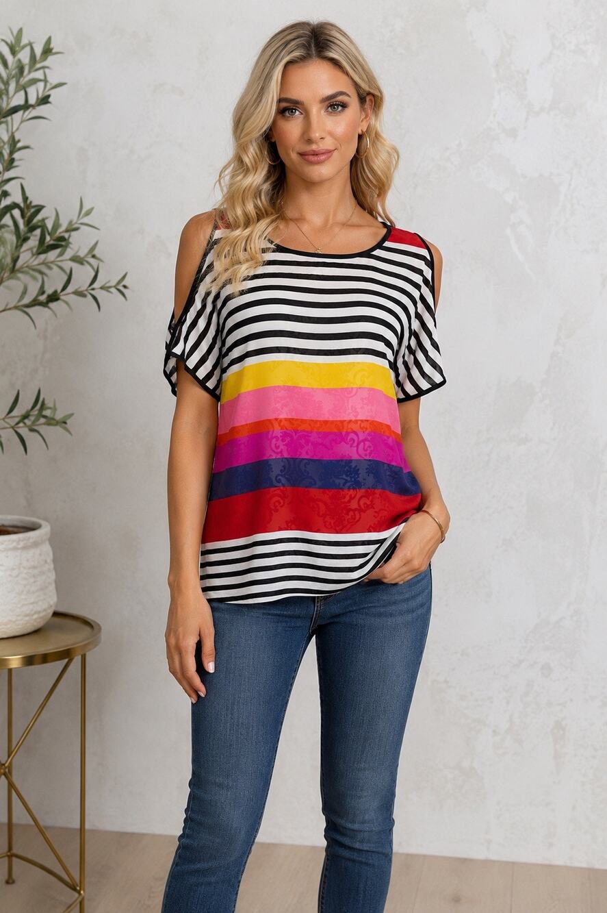 Romeo & Juliet Couture Stripe Cold Shoulder Semi Sheer Top Size M